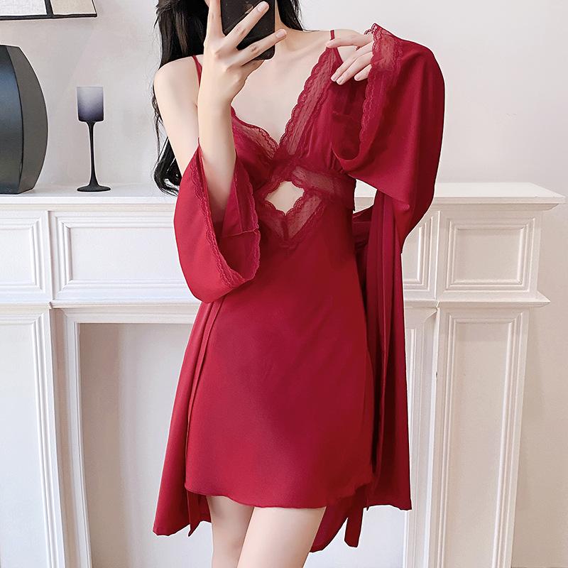 Pajama set, nightdress, ice silk suspender nightgown, women's summer sexy solid color large size lace two-piece set, spring and summer