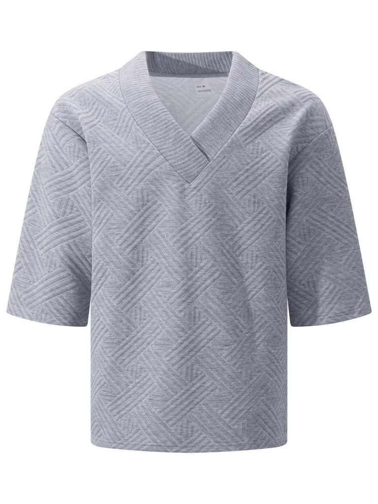 Spring/Summer Men's Solid Color V-neck Jacquard Casual Outdoor Short-sleeve T-shirt