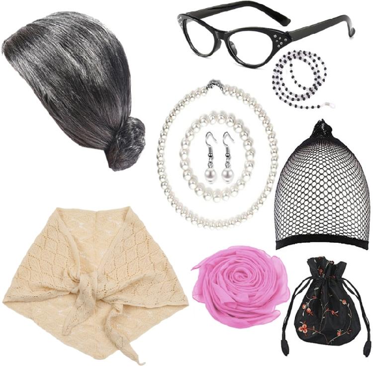 

Grandma Costume Granny Wigs Glasses Artificial Pearl Necklace Earrings for Party