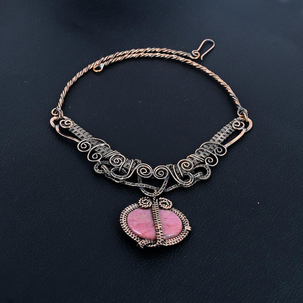 Thulite 999 Copper Wire Wrapped Necklace with Adjustable Chain, Handmade Gemstone Jewelry Necklace For Memorial Day
