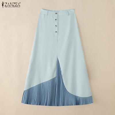 Women Casual Zip-up Waist Patchwork Pleating Loose A-line Long Skirts