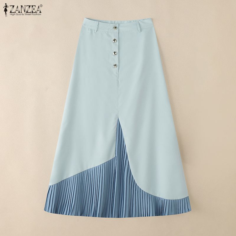 VONDA Women Casual Zip-up Waist Patchwork Pleating Loose A-line Long Skirts