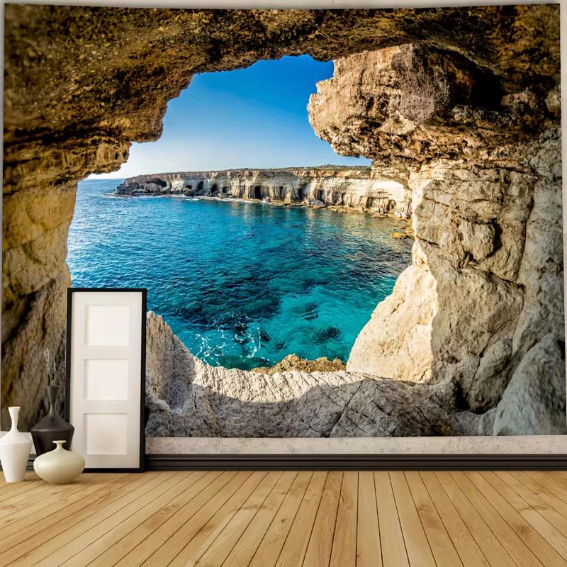2D Summer Ocean Cave Landscape Tapestry, Nature Wall Hanging for Home