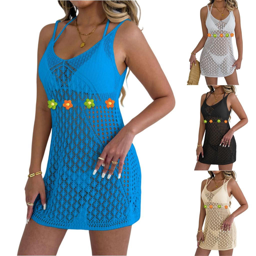 Women's Fashion Beach Solid Color Loose Beach Dress Patchwork Hollow Cover Up