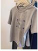 Women's Gray Embroidered Retro Short Sleeve T-Shirt - 2025 Spring Casual Loose Fit Base Layer