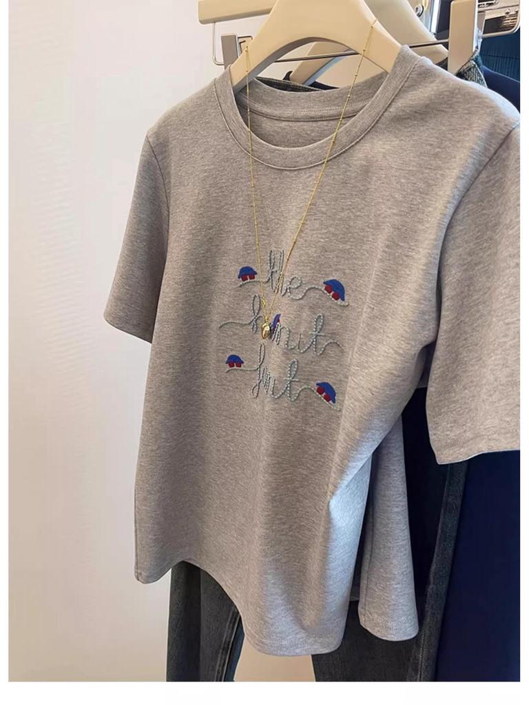 Women's Gray Embroidered Retro Short Sleeve T-Shirt - 2025 Spring Casual Loose Fit Base Layer