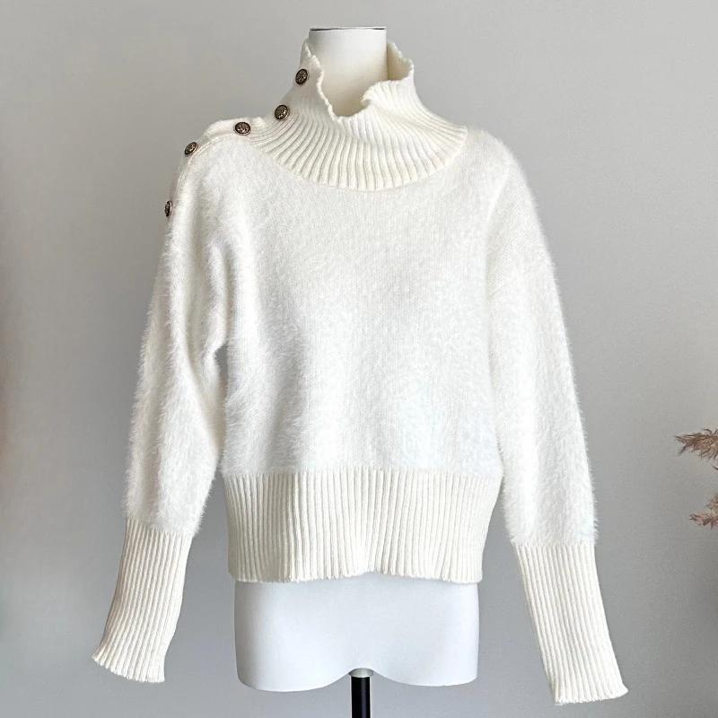 Американский зимний новый женский трикотажный топ свитер нишевый дизайн пуговицы водолазка длинный рукав простые повседневные свитера женская одежда S слоновая кость
