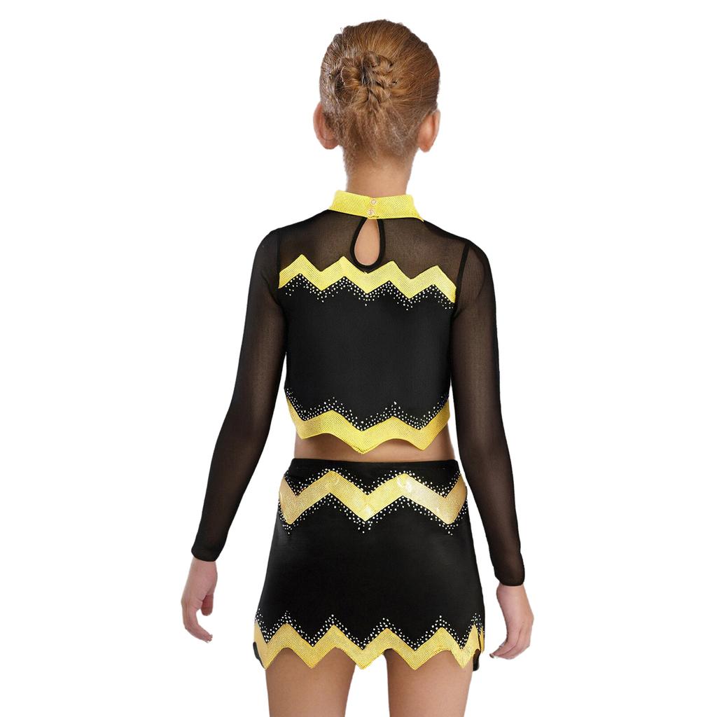 Dívčí roztleskávačská uniforma Dlouhý rukáv Crop top Výřez Design Kamínkové detaily Sladěná taneční sukně Outfit