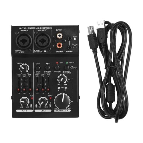 2-Channel USB DJ Mixer with EQ Phantom Power Compact Sound Card Audio Mixer Board for Live Performance and Recording