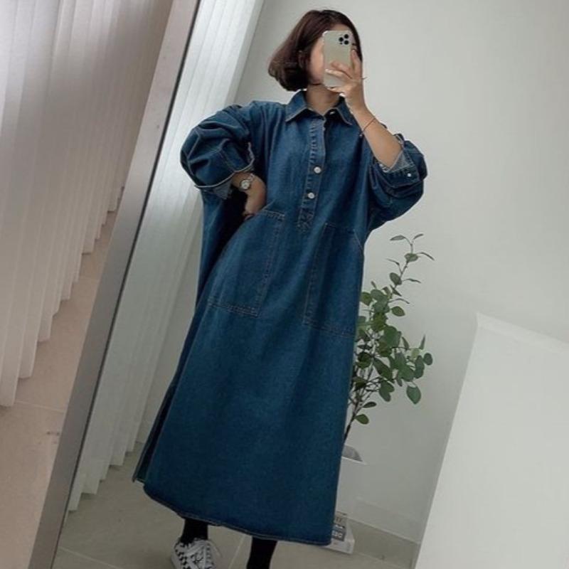 Retro Chic Lazy Long Sleeve Denim Dress Loose Casual  Women's Maxi Drress