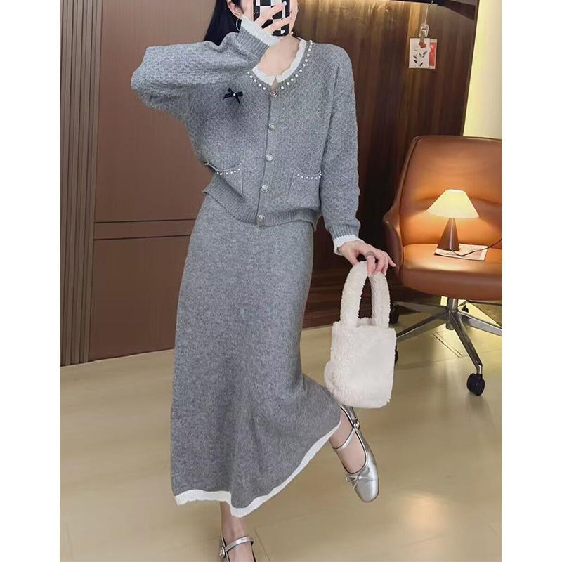 Bead design sweater two-piece set autumn and winter new high-waisted skirt knitted sweater set women