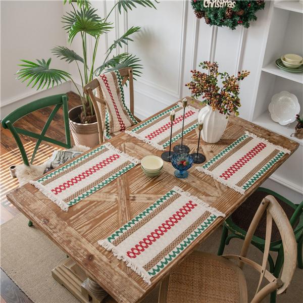 Table Flag Green Solid Woven Natural Material American Holiday Hemp Rope Dinner Mat Tableware Mat Tassel Bowl Mat
