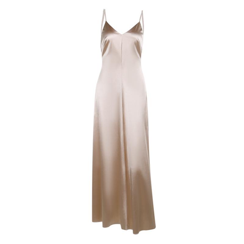 Fall Long Dress Women's Socialite Style Sexy V-neck Backless Satin Halter Dress