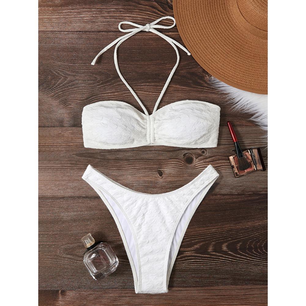 European and American Neck Split Swimsuit Bubble Cloth Solid Color Hollow Bikini Bikini