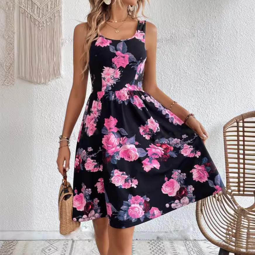 

2024 Sleeveless Spliced Print Round Neck Women s Dress S жёлтый