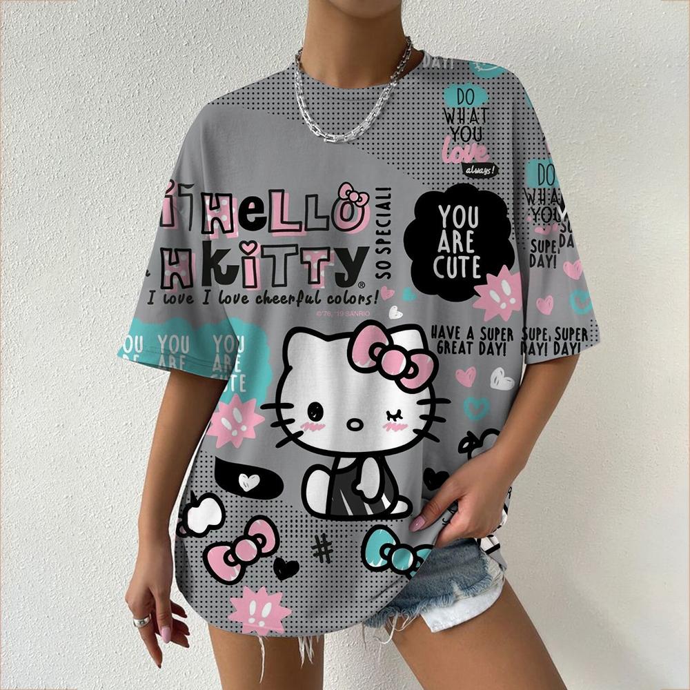 Hello Kitty Tops Aesthetic Women's T-shirts Streetwear Woman Funny Tees Short Sleeves T-shirt Clothing Fashion Girl Festival Top