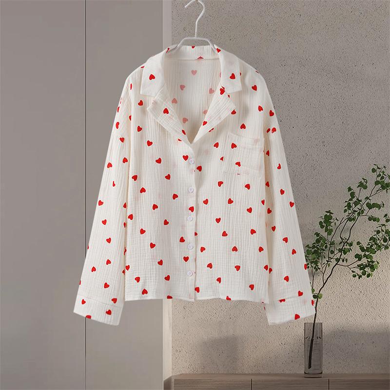 Baumwolle Pyjamas mit Liebesdruck für Damen, einreihig, mit Tasche, Neu in der Damennachtwäsche 2025, Frühling/Herbst, Revers, lange Ärmel, Damenkleidung