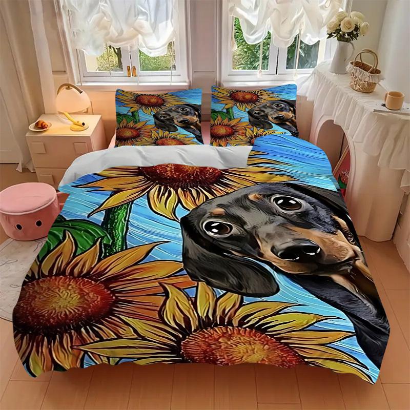 3pcs Sunflower Dachshund Print Duvet Cover Set - Machine Washable, Includes 1 Cover and 2 Pillowcases, No Core Included yy251013042