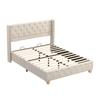 Upholstered Bed 160*200cm with Slatted Frame and Headboard, Button Upholstery, Rivet Upholstery, Wooden Legs, Linen, Beige