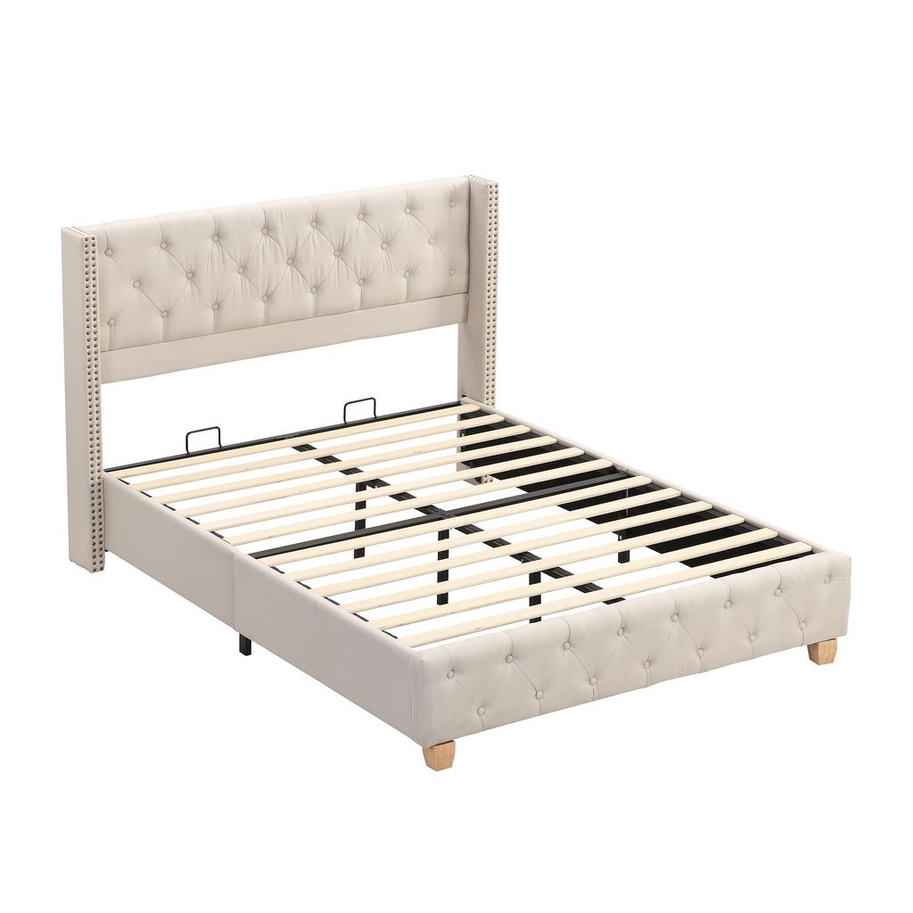 Upholstered Bed 160*200cm with Slatted Frame and Headboard, Button Upholstery, Rivet Upholstery, Wooden Legs, Linen, Beige