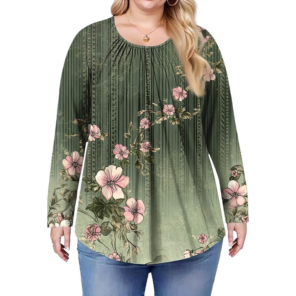 Women's Plus Size Fashion Printed Casual Pleated Round Neck Long Sleeve Top
