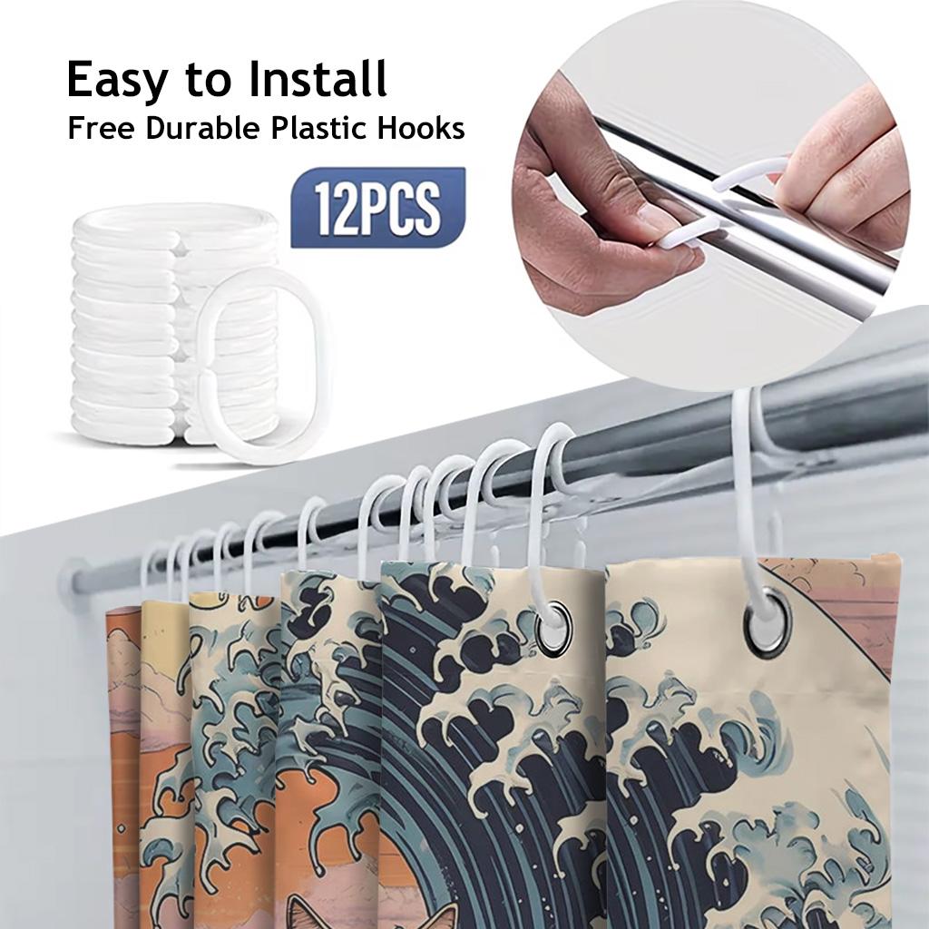 Funny Surfing Cat Great Wave Shower Curtain - Creative Ukiyo-E Ocean Art Design - Indoor Home Bathroom Decor Bath Curtain