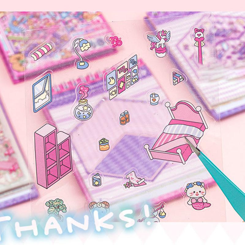 1 Set  Cabin Scene Pocket Stickers Cartoon Diy 3D Landscape Sticker Book Festival Birthday Gift For Student Kid Child