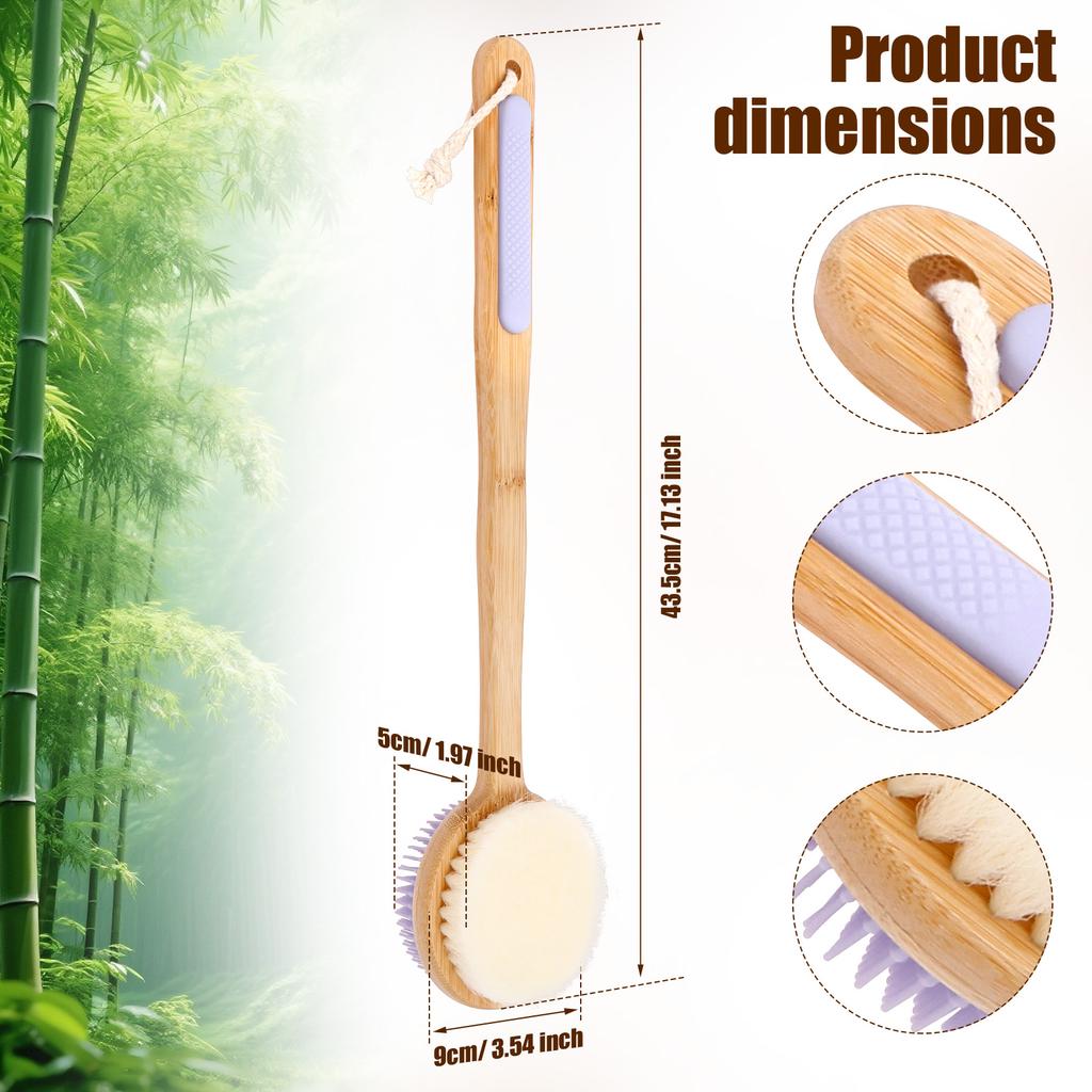 Double Sided Shower Body Brush Silicone and Dense Bristle Massage Back Scrubber Deep Cleaning Exfoliation Bamboo Long Handle