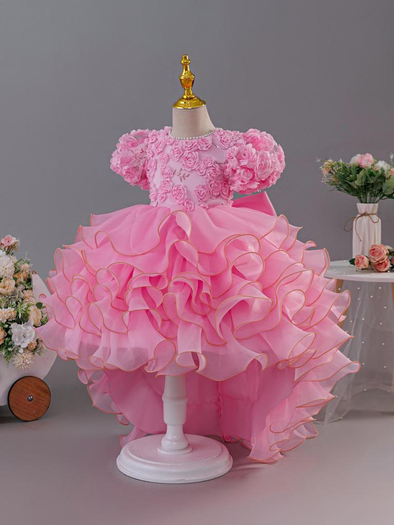 2025 New Children's Princess Dress with Rose 3D Appliques, Bow, and Cake Train