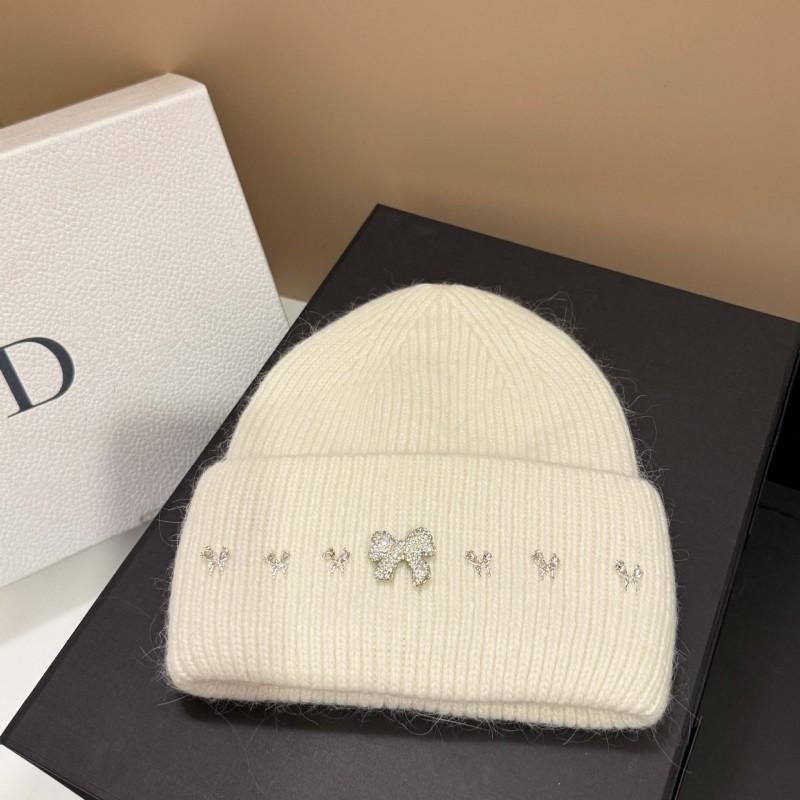 Winter High-Quality Bow Rhinestone Knit Hat Rabbit Fur Ear-Protection Warm Beanie Women