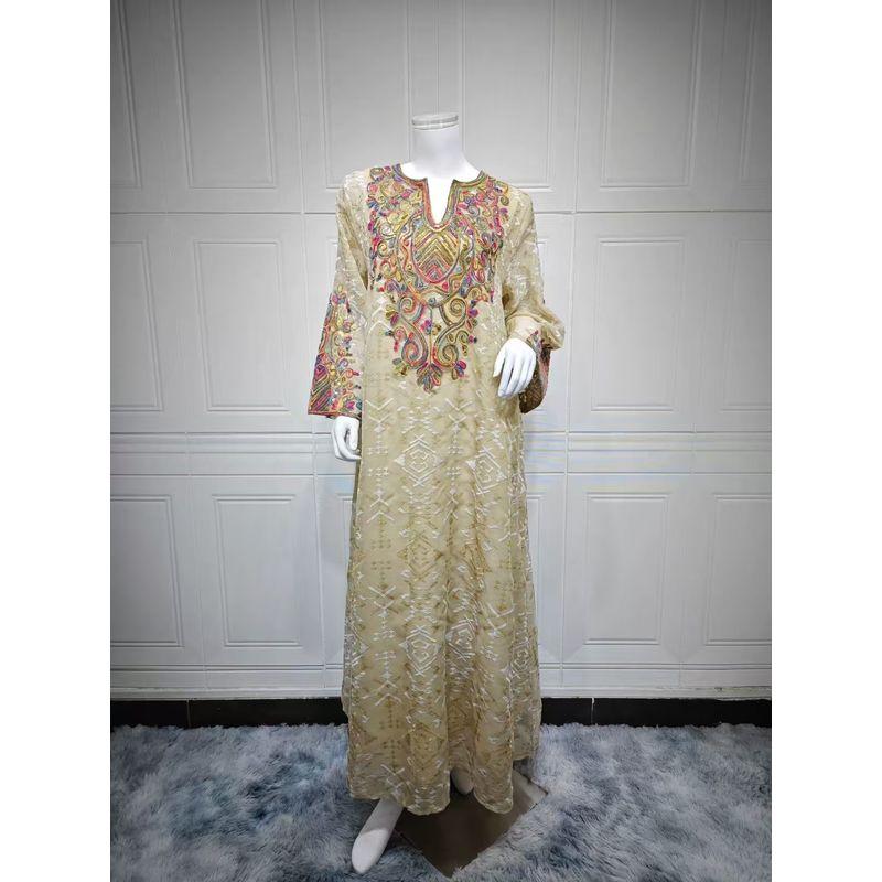 New Middle East Fashion Mesh Embroidery Embroidered Patchwork Robe Dress Mesh Embroidered Dress