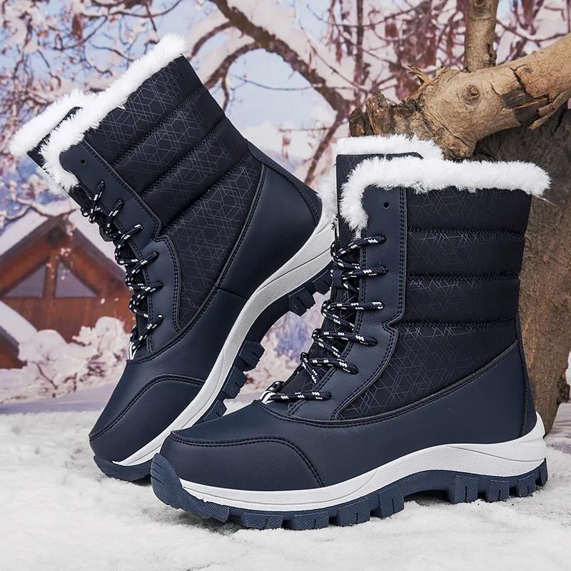 Fashion New Winter Outdoor Anti Slip Snow Boots for Women with Thick Fleece and Warm Mid To High Cut Skiing Cotton Shoes Women Shoes