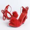 Red Sexy Elegant Summer Fashion Fluffy Strap Sandals Women Open Toe Frewtwork High Heels Wedding Party Shoes