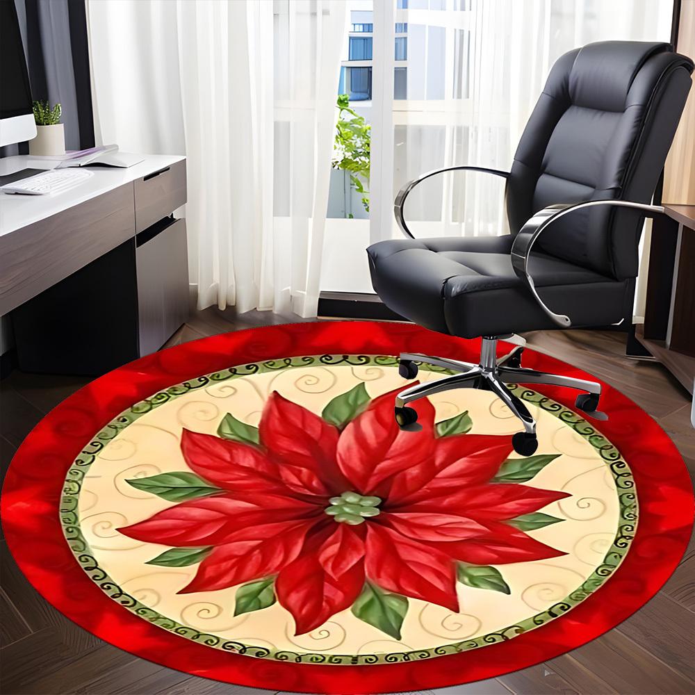 1pc Christmas Poinsettia Chair Carpet for Office, Round Non-Slip Durable Large Size Office Carpet, Suitable for Office, Beautiful Decoration
