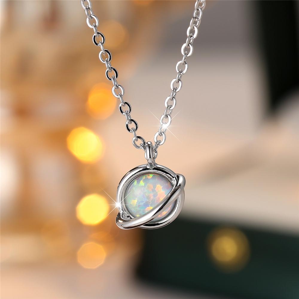 Luxury Female White Opal Stone Round Pendant Necklace Vintage Gold Silver Color Wedding  For Women