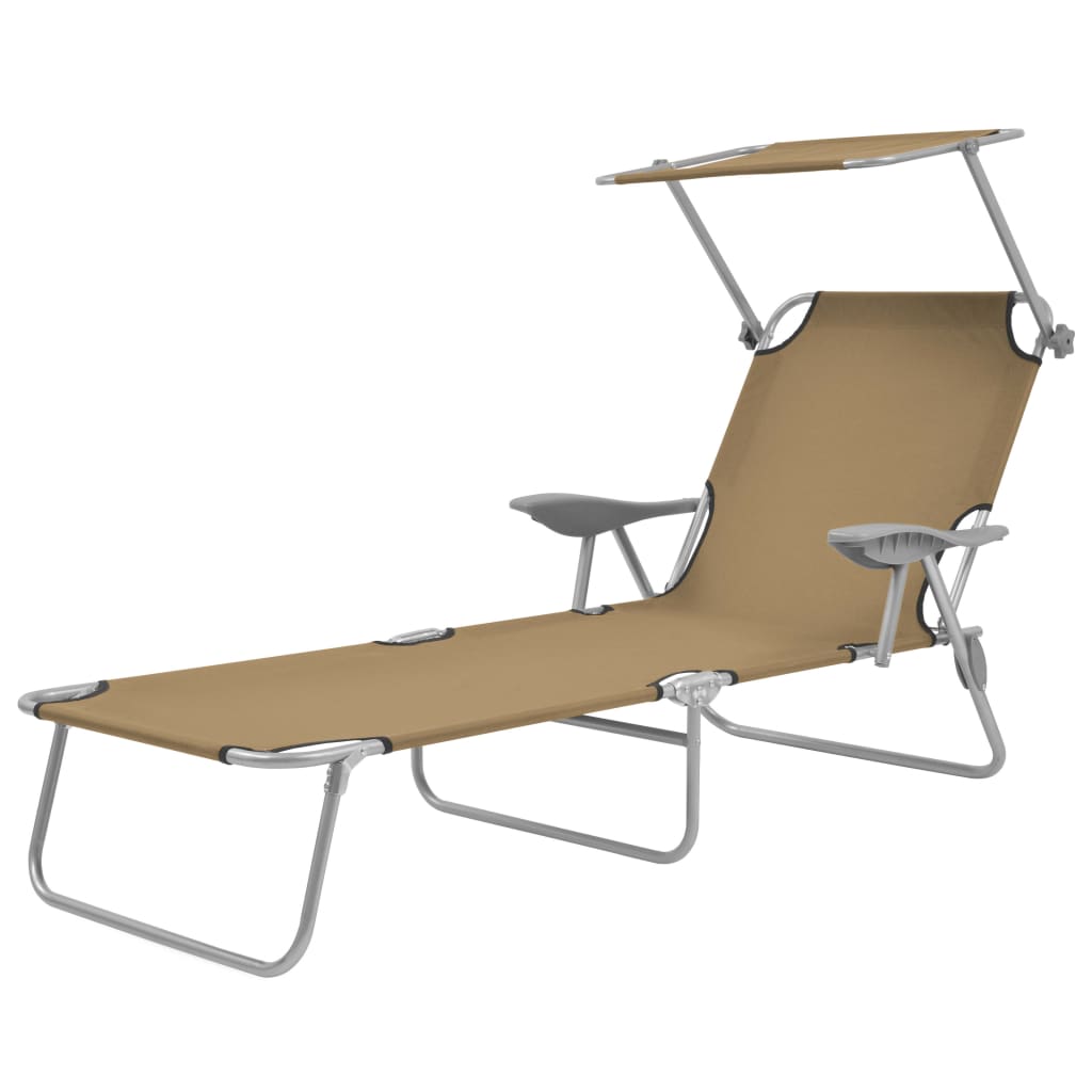 Folding Sun Lounger with Sunshade Steel Taupe