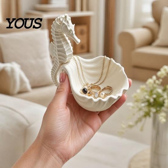 Storage Tray Jewelry Holder, Seahorse Shape Tray, with Wave Shell Durable Groove Design, for Rings Necklaces Earrings Dressing Table