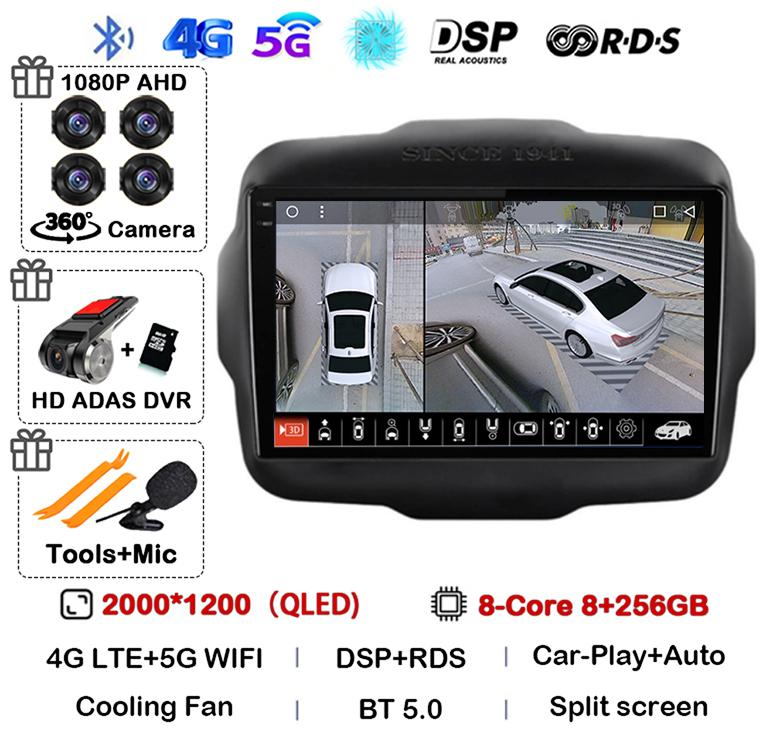 Android 14 Auto Carplay WIFI+4G LTE Car Radio For Jeep Renegade 2016 2017 2018 2019 2020 Multimedia Player GPS Stereo 360 Camera