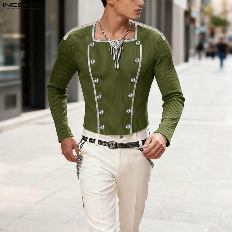 INCERUN Men's Square Collar Long Sleeve Patchwork Buttons Fitted Cropped T-shirts Tops