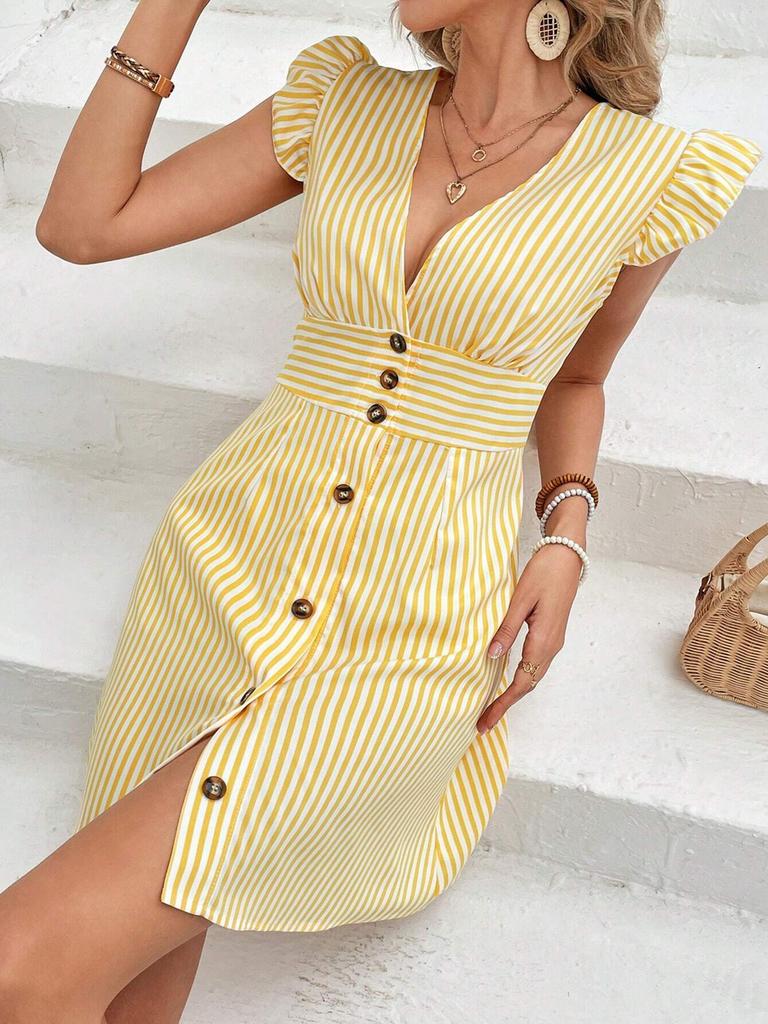 New Summer Women's Fashion Striped Printed V-Neck Flare Sleeve Dress