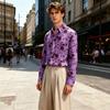 Men's collared loose-fitting long-sleeved shirt, floral print, flowy blouse, urban casual cardigan top.
