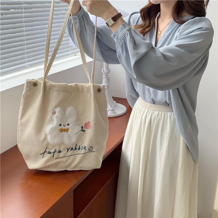 Adorable Floral Embroidered Corduroy Shoulder Bag Sweet Japanese Tote For Students