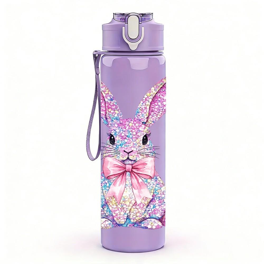 1PC Soft Pink Floral Bunny Rabbit Print 750ml Color Plastic Sports Water Bottle Leakproof Flip Straw Lid Suitable for Sports Office Home Use
