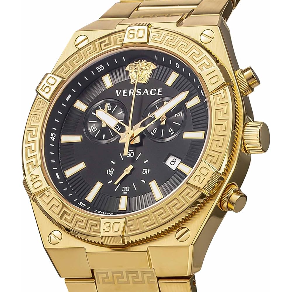 Versace Men's Sporty Greca Watch Black Dial Stainless Steel Sapphire Glass Quartz VESO00922 Gold