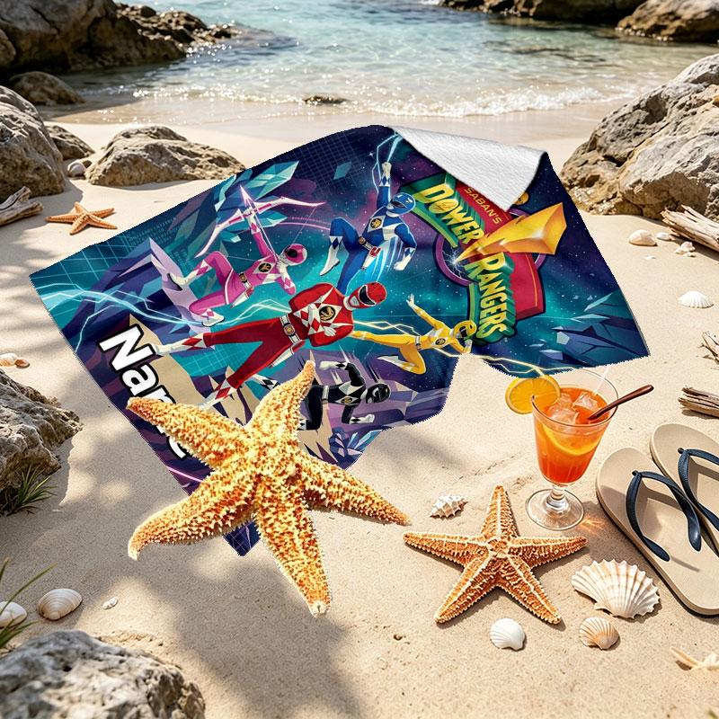 Custom Name Personalized Power Rangers Print Beach Towel, for Trip Camping Beach Party Home Decor, Birthday Gift for Family & Friends