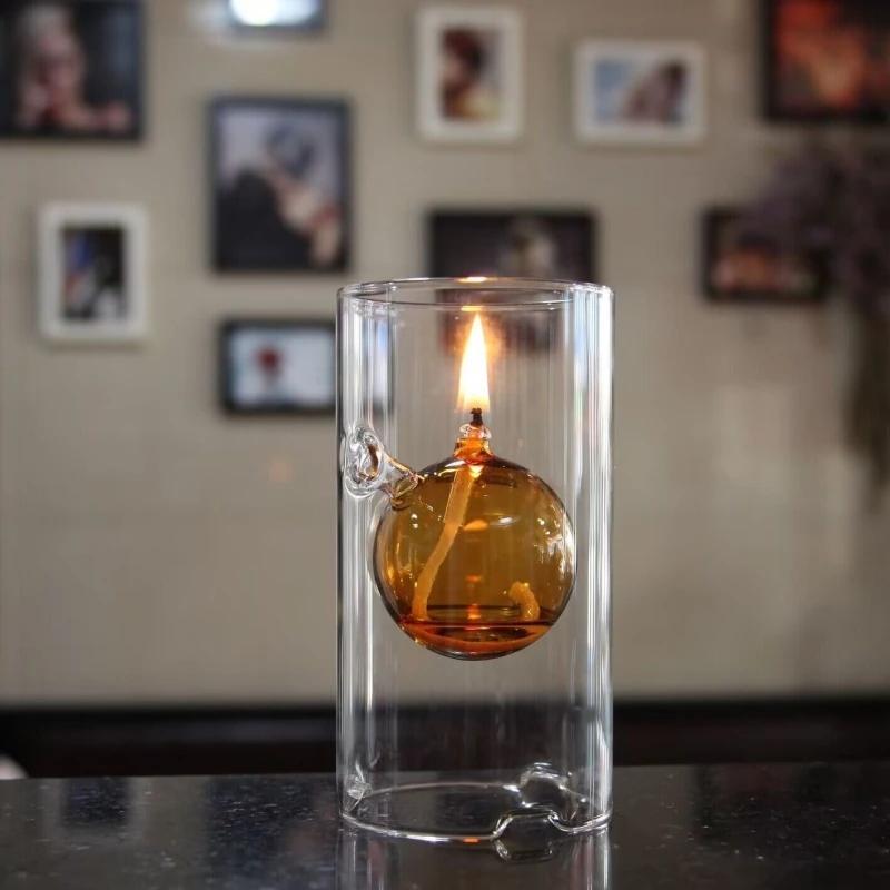 Cylindrical Oil Lamp Transparent Glass Candlestick Interior Glass Oil Lamp Household Decoration Creative Vintage Candle Holder