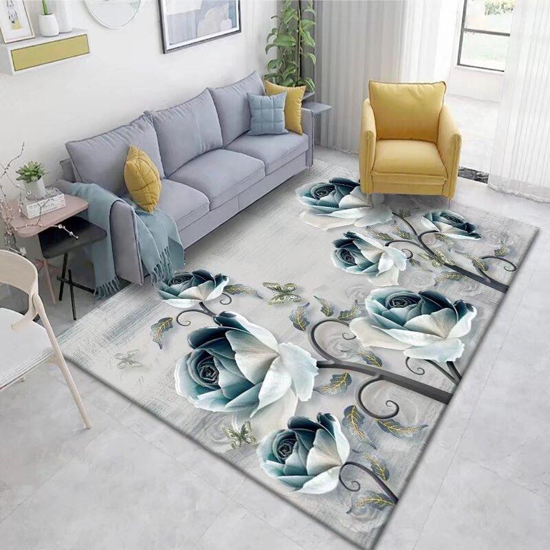 Modern Blue Flower Anti Slip Washable Carpet Cute Room Décor Light Luxury RUG FOR LIVE ROOM Easy Cleaning Coffee Tables Mat