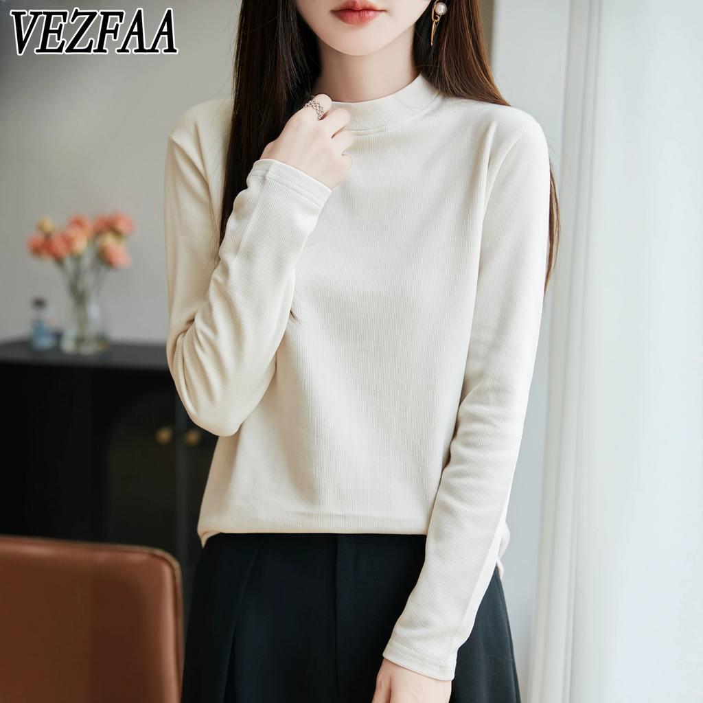 VEZFAA Women's Fashion Casual Solid Color Print Spring Fall Long Sleeve O-Neck Pullovers & Long Sleeves