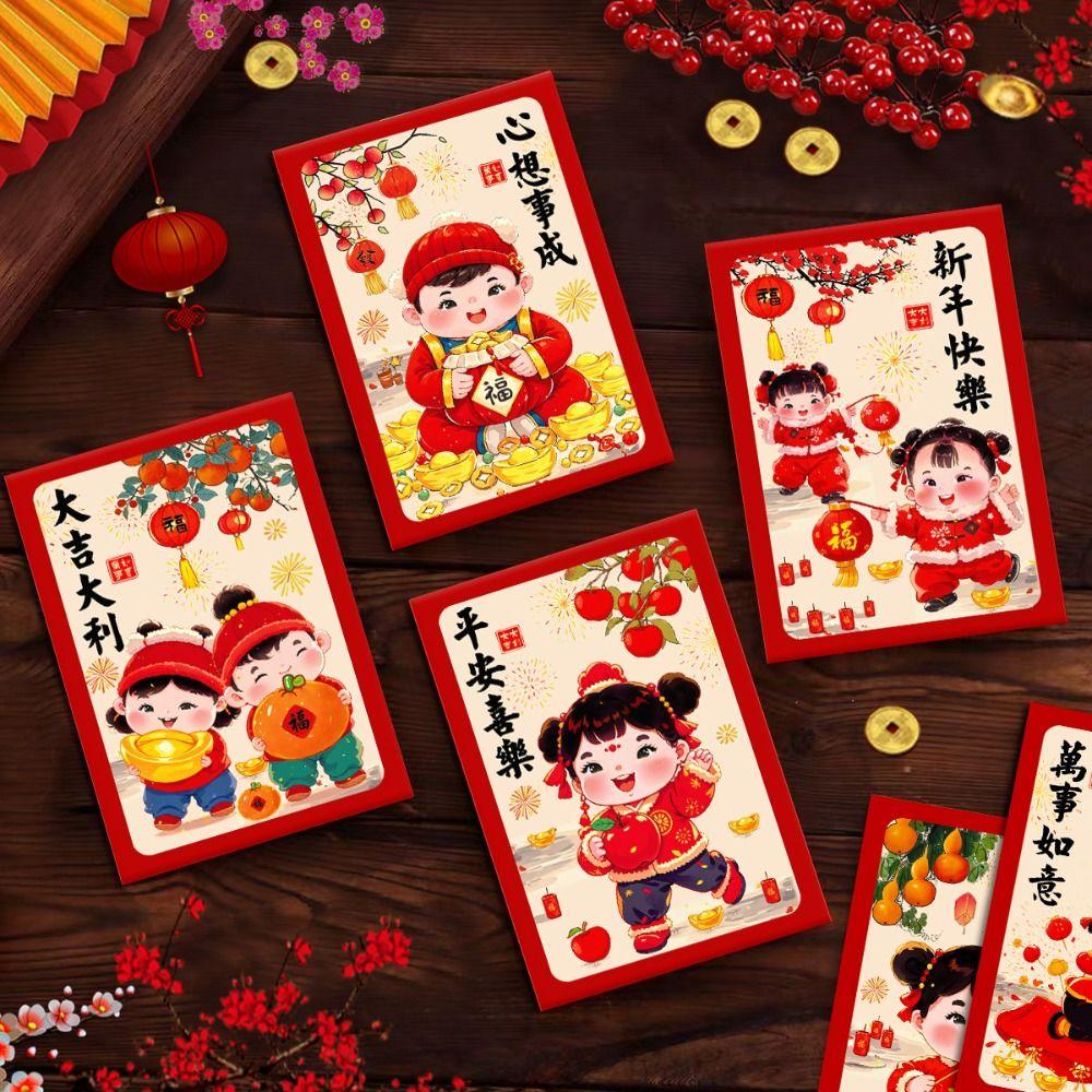 6pcs Oil Painting Style Chinese New Year Red Envelopes Traditional Red Pocket  Lunar New Year Gifts