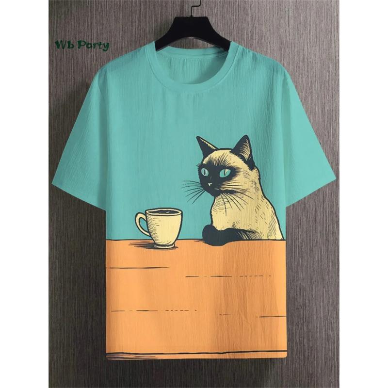Funny Cat and Coffee Printed T-Shirts Casual Short Sleeve Hip Hop Street O Neck Top Summer Oversized Men's T-shirts